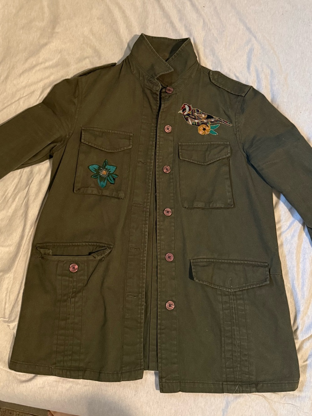 2010 jacket from Zara olive green denim jacket w/ embroidered bird and flower M.
